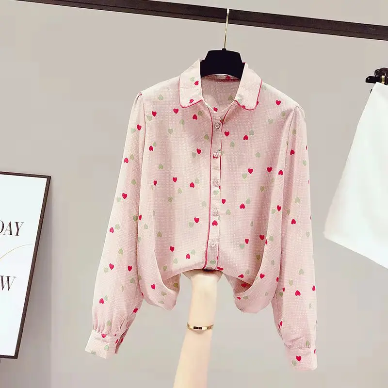 

Spring Autumn Women All-Match Chiffon Long Sleeve Polo-Neck Shirts Love Blouses Loose Casual Tops Ropa De Mujer Blusas MM1153