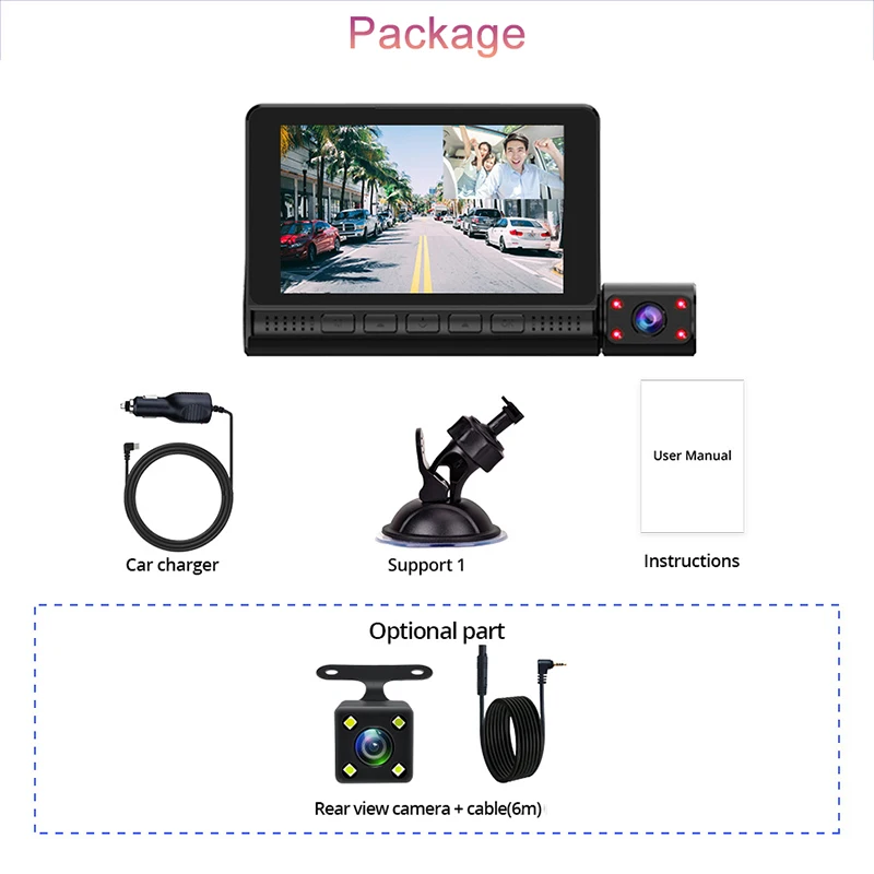 Автомобильный видеорегистратор 3 камеры 4 дюйма сенсорный экран HD 1080P зеркало