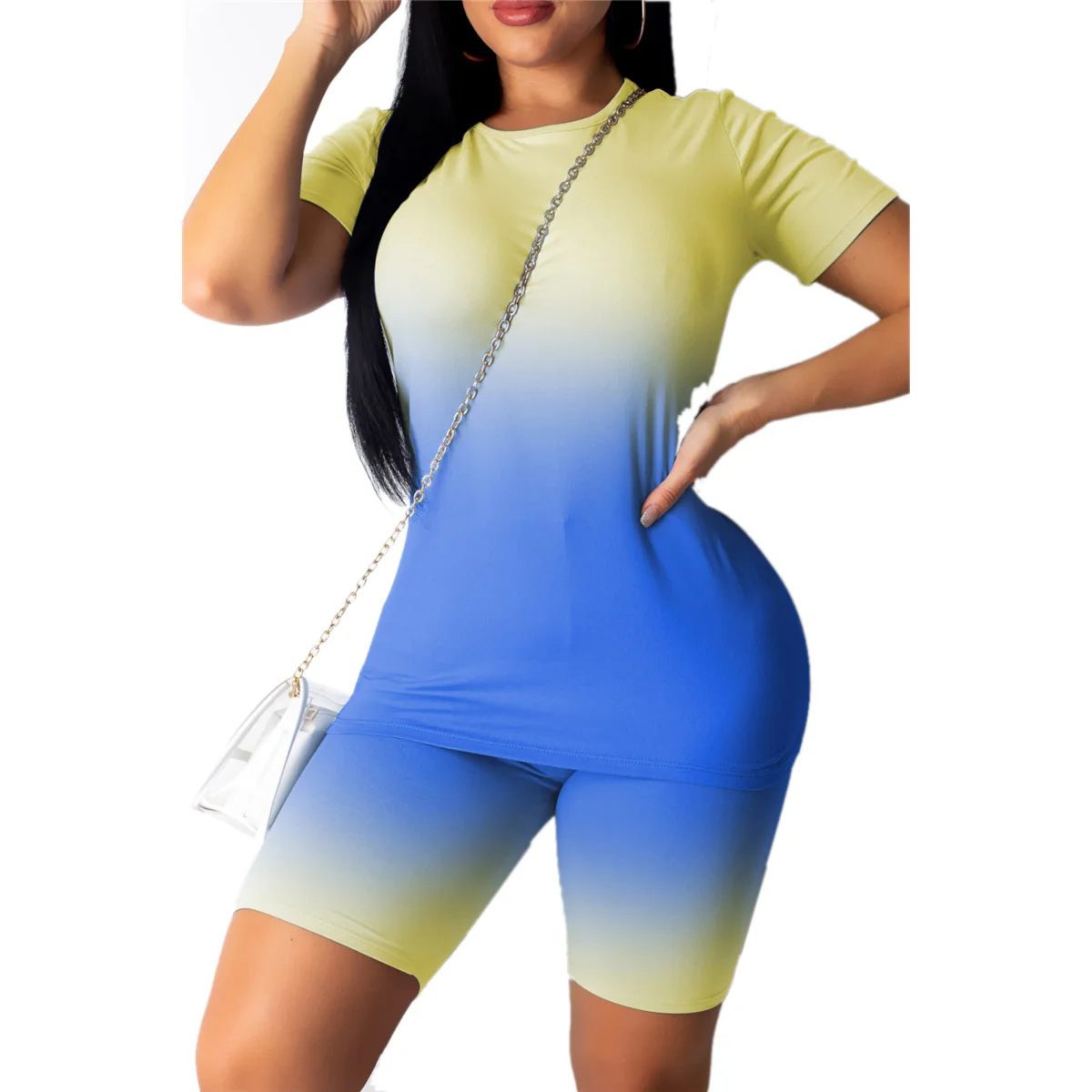 

Women Casual Set Tie Dye Workout Set Round Neck Short-Sleeved T-shirt + High Waist Shorts Pants Two Piece Set Ladies Outfits