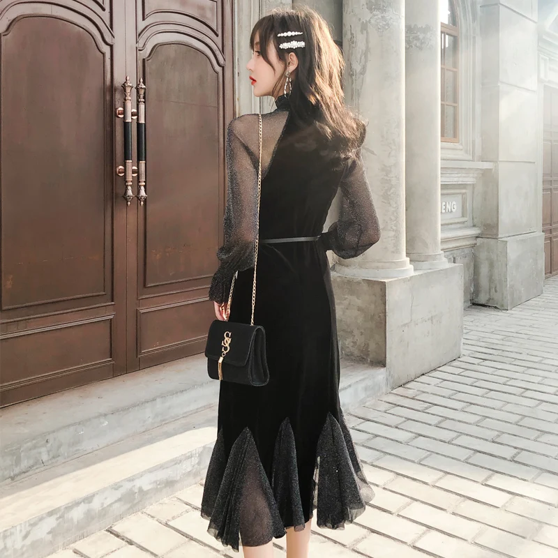 Женская облегающая блузка с сеткой и кружевом весна-осень 2020 рыбий хвост