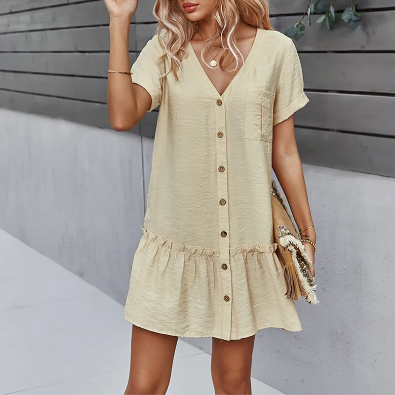 

New arrival 2021 summer Ruffle V Neck short-sleeved A-line Solid Color Button dress