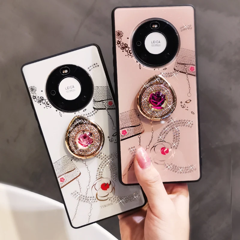 

Fashion Phone Cover For Huawei mate40/40pro Mobile Phone Case Back Film Protector and Crystal Rose Finger Ring Phone Holder