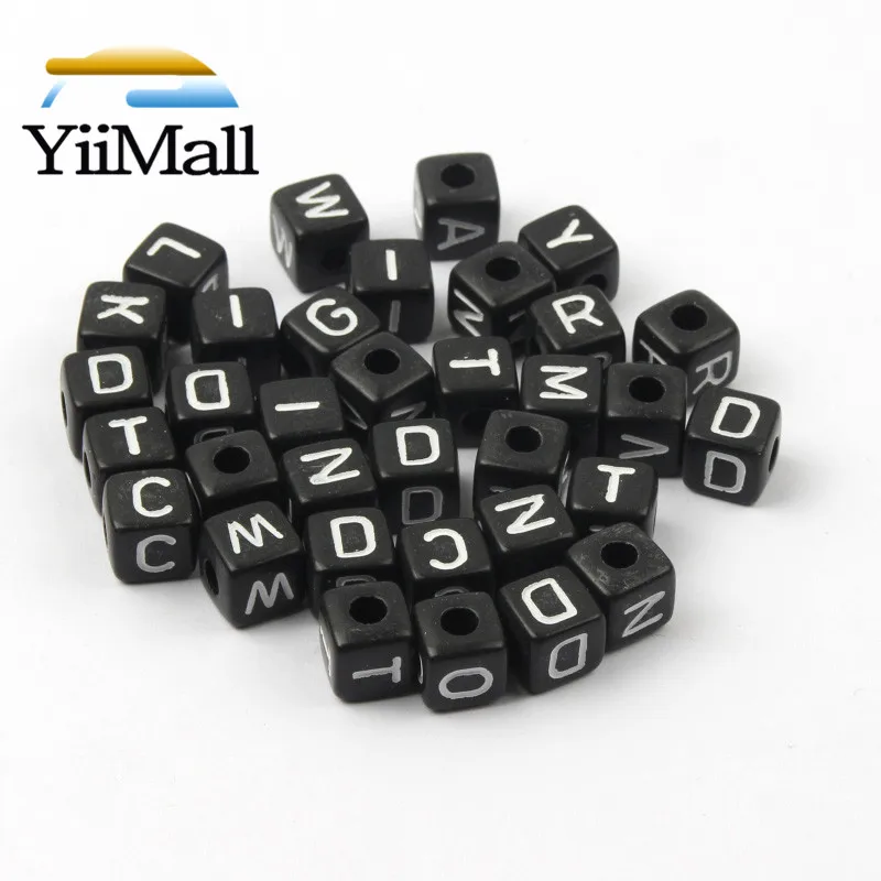 200 шт 6-10 мм DIY Смешанные акриловые бусины с буквами Черные Квадратные алфавитом