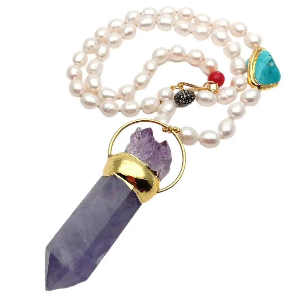 

Y·YING Freshwater Cultured White Rice Pearl Turquoise Coral Necklace Purple Fluorite Amethyst Point Quartz Pendant 28"