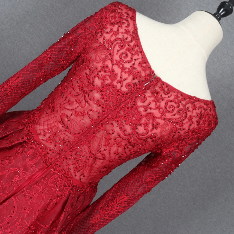 YY274 New Long Sleeve O-neck Patch Rhinestone Red Evening Dress Socialite Temperament Annual Meeting Dinner Host Women's Gown