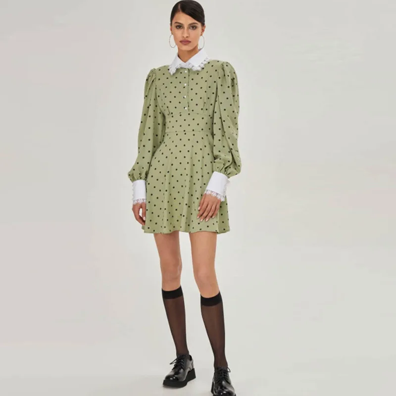 

2022 Spring Pullover Midwaist Black Polka Dot Turn-Down Collar Midskirt Quinceanera Dress A Line Long Sleeve Cosy Frock for Girl