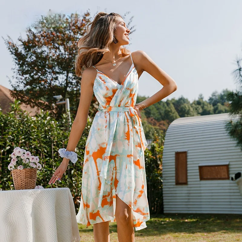 

Женское пляжное платье до колен, пикантное платье с высокой талией и V-образным вырезом в стиле бохо, платье с запахом и цветочным принтом, ле...