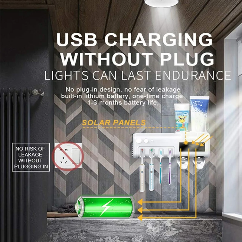 

Toothbrush UV Holder Wall Mounted with 4 Slots and 2 Automatic Toothpaste Dispenser for All Toothbrush