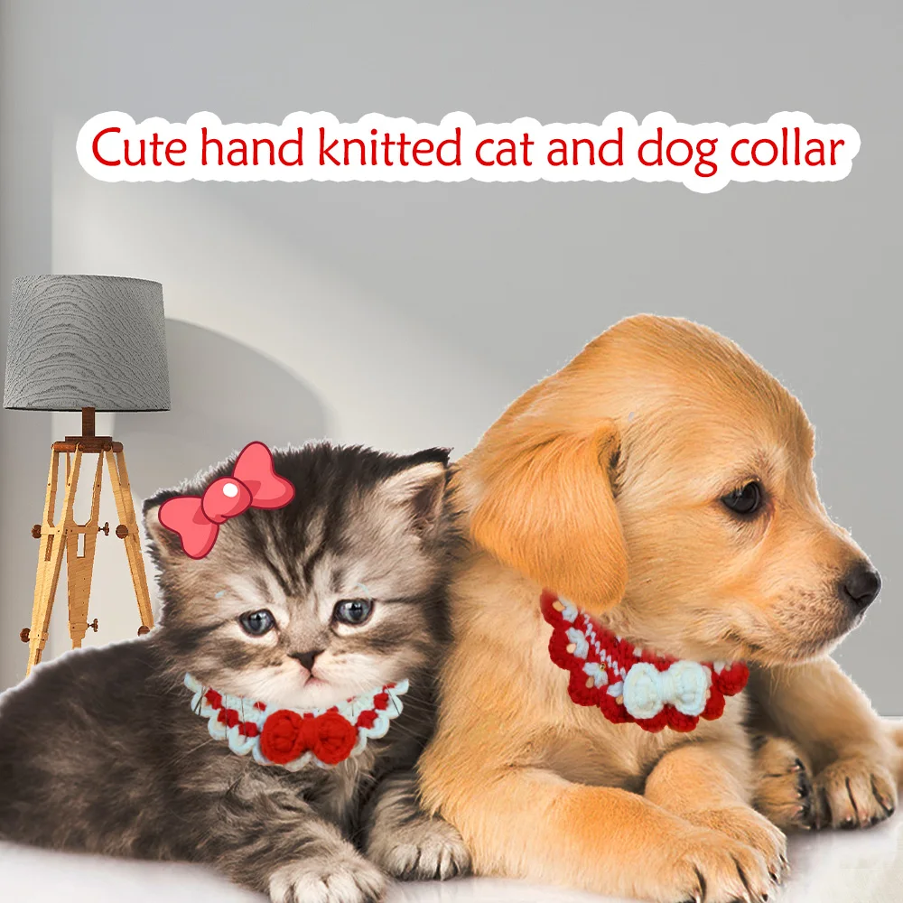 

Pet Collar Handmade Wool Crocheted Knit Cat Plush Scarf Bib Bandana Bow Puppy Cat Scarf Necklace Adjustable Pet Accessories