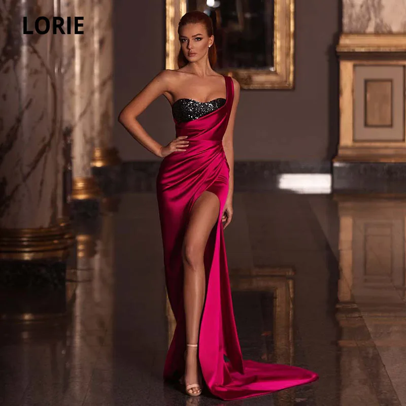 

LORIE Elegant Evening Dresses Arabic One Shoulder Sequin Satin High Side Split Mermaid Prom Gown Party Dress celebrity sukienki