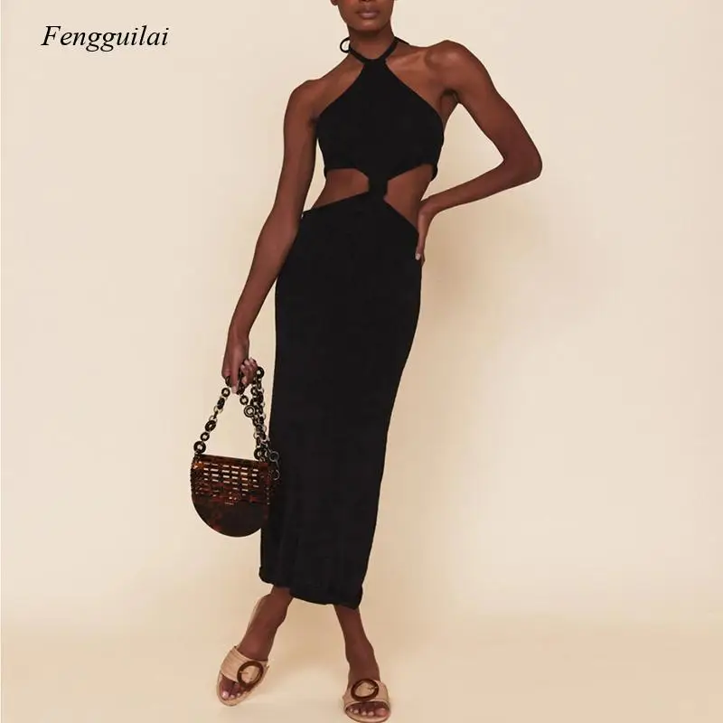 

Женское трикотажное платье с лямкой на шее, длинная ажурная кружевная юбка с завязкой на шее, повседневное уличвечерние праздничное Привле...