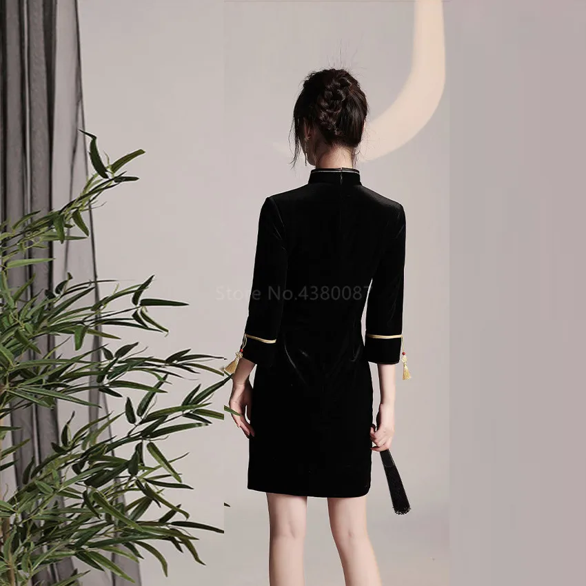 

2021 New Autumn Winter Chinese Traditional Short Dress Stylish Elegant Vintage Modern Sexy Velvet Vintage Cheongsam for Women's