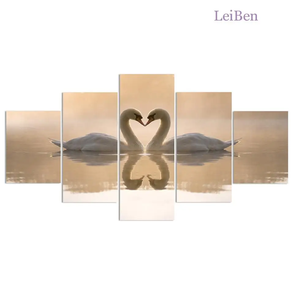 

Five-Piece Hd Animal Photography Canvas Painting Swan Lake Landscape Art Posters and Prints Home Decor Living Room Frameless