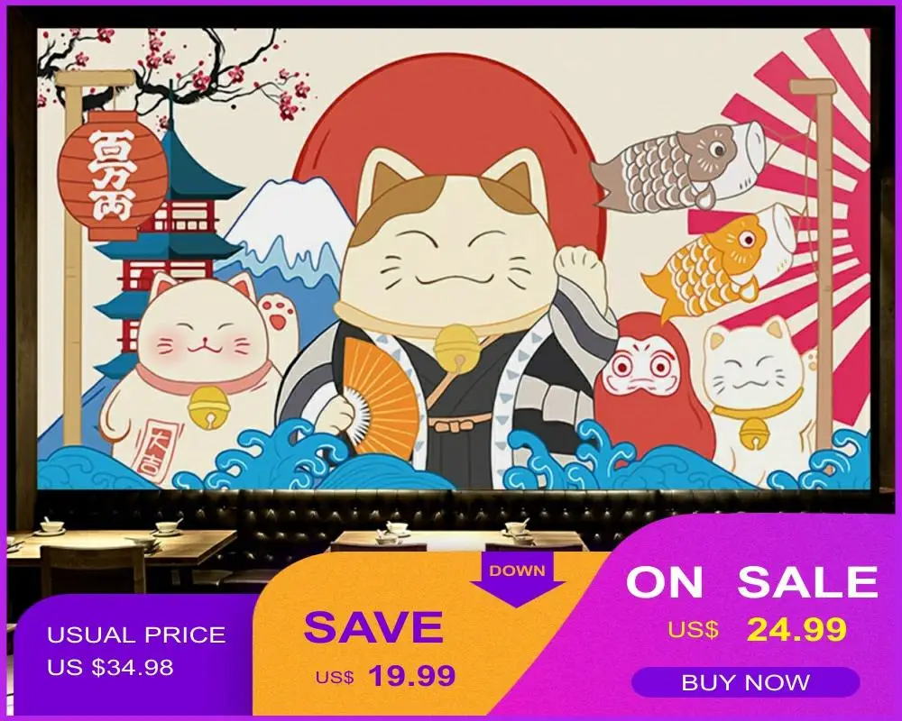 Японская ручная роспись обои Япония Lucky Cat Ukiyo-E Ресторан Суши Ресторан оснастка стены на заказ 3D росписи