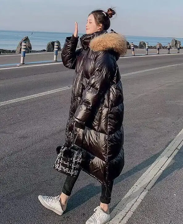 black coat brown fur Большой натуральный мех енота, зимний женский пуховик, длинное толстое теплое пальто, белый пуховик на утином пуху, Женское пальто размера плюс - Цвет: black coat brown fur