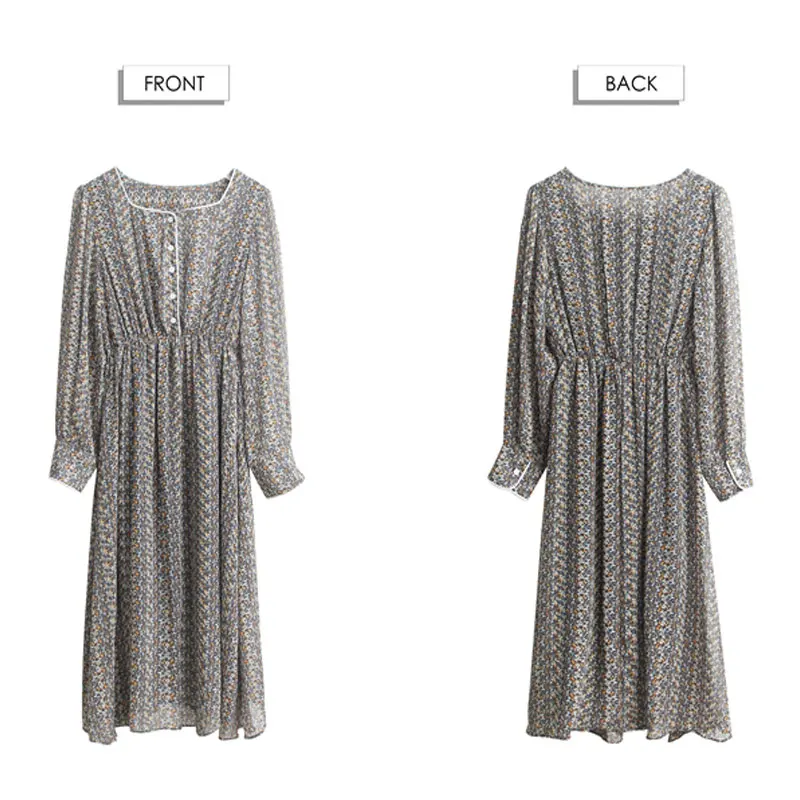 

Pure noble dress 2020 spring new style square collar exposed clavicle small floral long-sleeved casual chiffon dress goddess fan