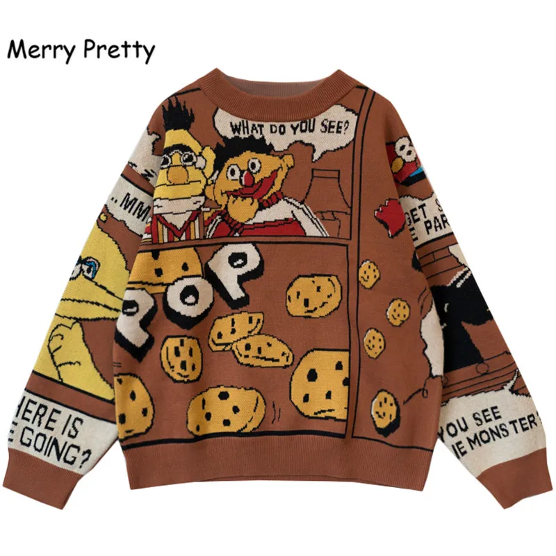 Merry Pretty Зимний толстый теплый свитер для женщин смешной мультфильм письмо печатных жаккардовые пуловеры свитеры вязать Drop Shouder джемперы