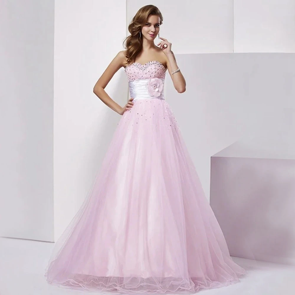 

Strapless Beads Flower Tulle Prom Dresses Floor Length Sleeveless Elegant Backless Evening Dress For Woman Long Quinceanera Gown