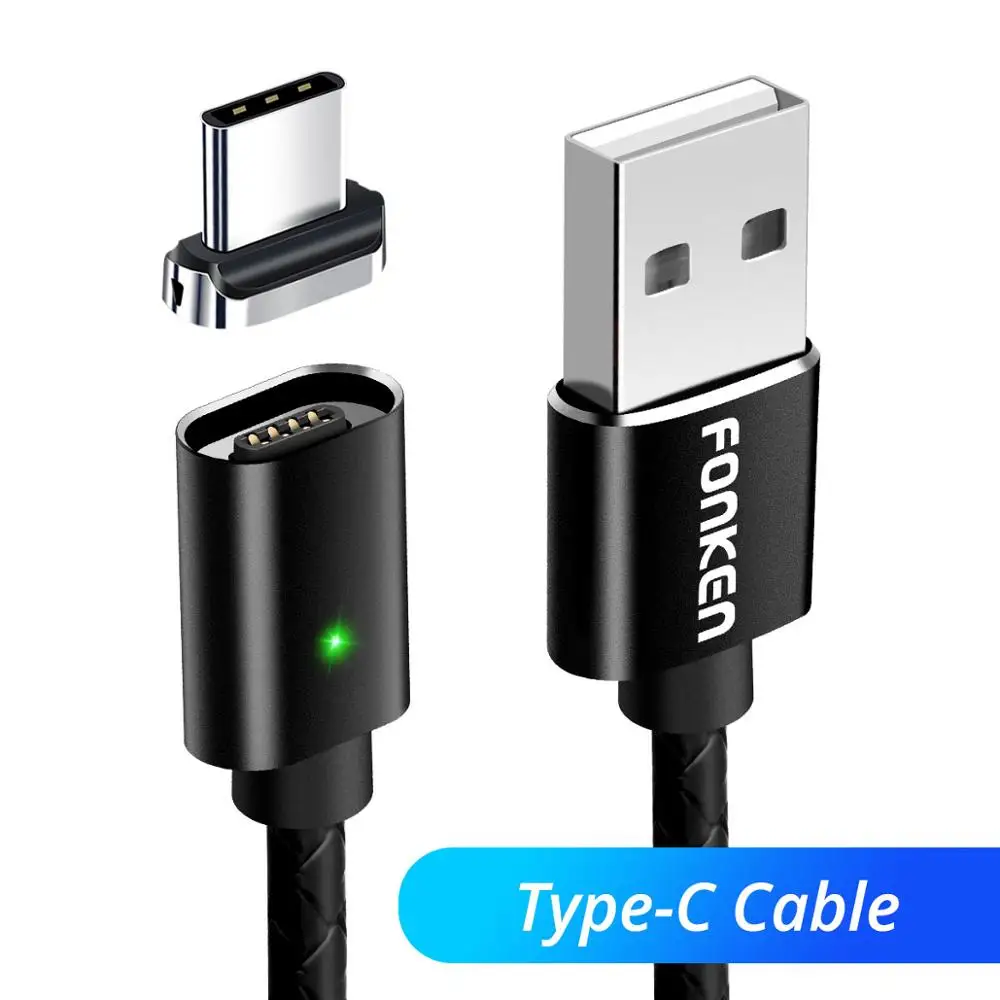Кабель Micro USB FONKEN, магнитный кабель 3A, быстрая зарядка, 1 м, 2 м, Android, мобильный, быстрая зарядка, магнитный шнур, Пылезащитная заглушка, шнур для передачи данных для телефона - Цвет: Black Type C Cable