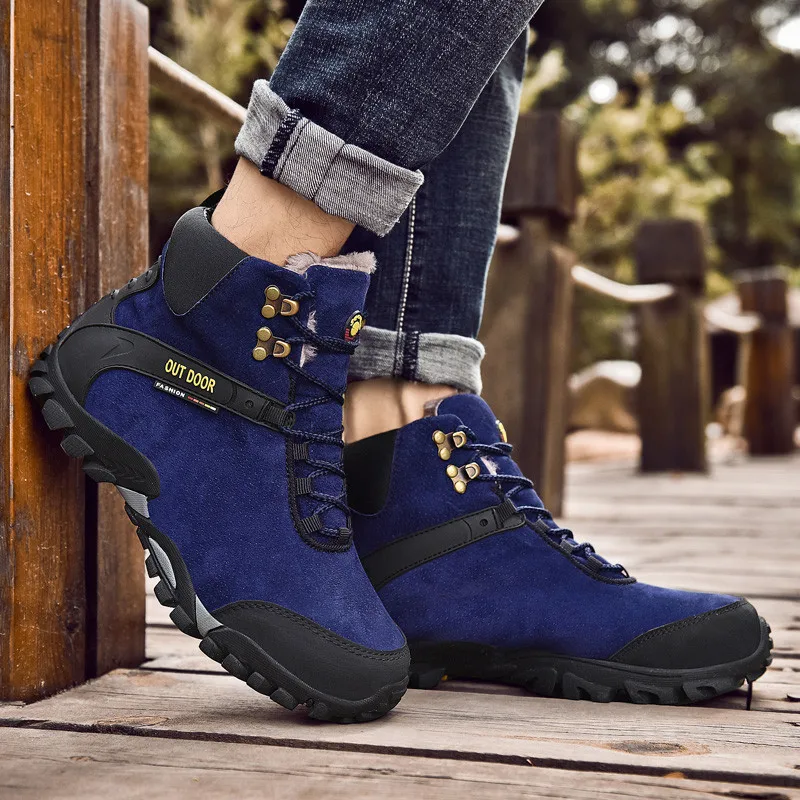 2021 Warm Fur Men Winter Hiking Boots Trekking Shoes High Quality Outdoor Man Mountain Shoes Waterproof Hiking Man Walking Shoe
