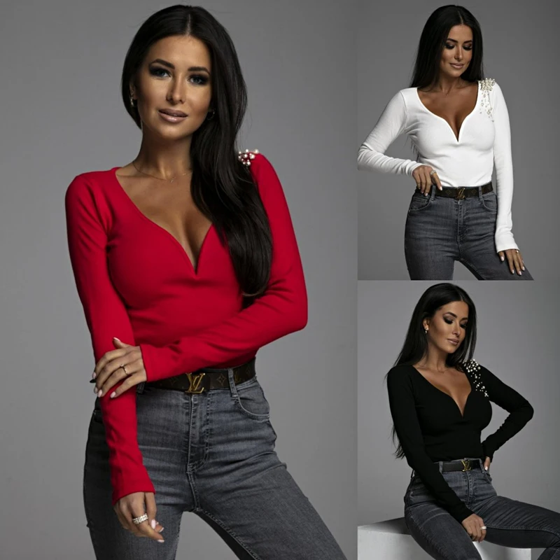 Блузка женская с V-образным вырезом пикантная Модная рубашка длинным рукавом