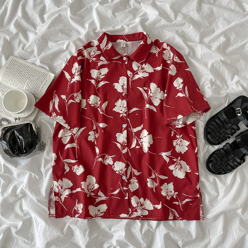 

Summer Vintage Floral Shirt Women Casual Red Short Sleeve Oversize Blouse Femme Korean Style Loose Tops