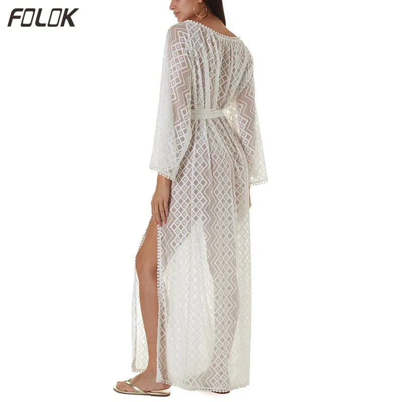 Женское длинное пляжное платье с кружевным поясом накидка на бикини купальник