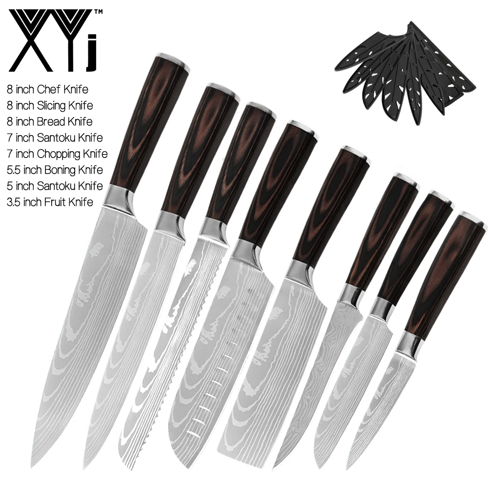 XYj ножи из нержавеющей стали 8 шт. набор дамасских лезвий цветная деревянная ручка