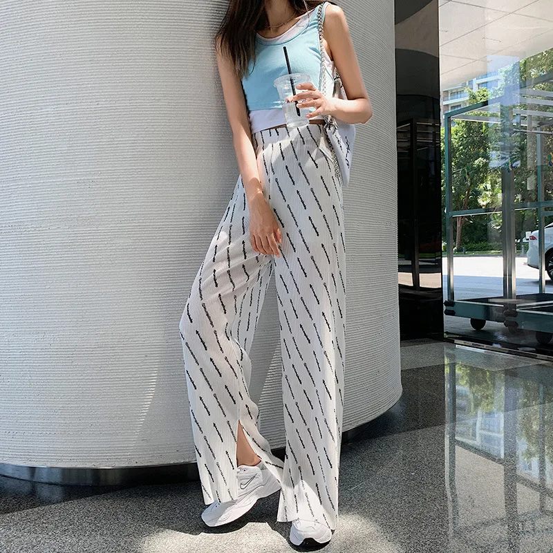 

Summer Casual Pants Women Thin Section Letter Print Wide Leg Pants Korean Loose Breathable High Waist Straight Trousers Female