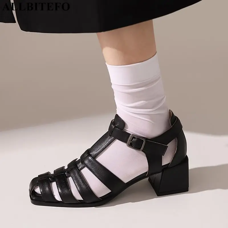

ALLBITEFO new summer genuine leather thick heels women sandals brand high heels women shoes women heels shoes des sandales