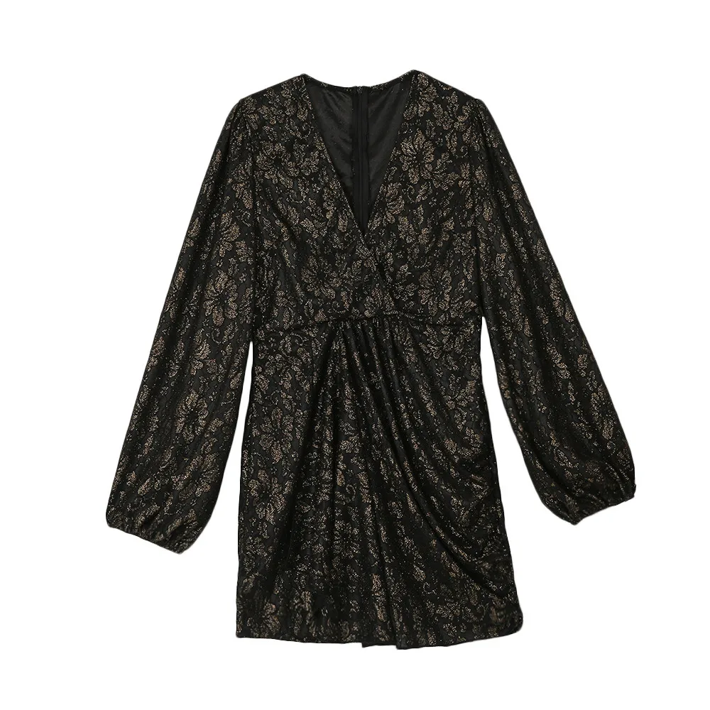 

2020 Sexy Lace Deep V Women Dress Spring Vintage Solid Color Leopard Embroider Short Dresses Puff Sleeve Dress Party Women L1040