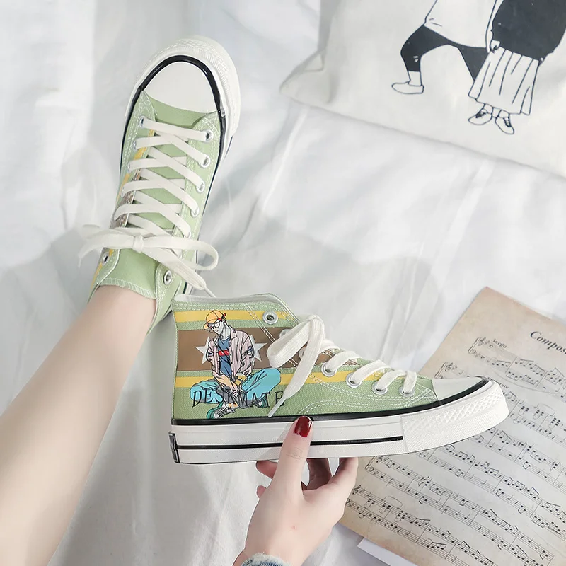 Женские холщовые кроссовки высокие кеды с мультяшным принтом на платформе