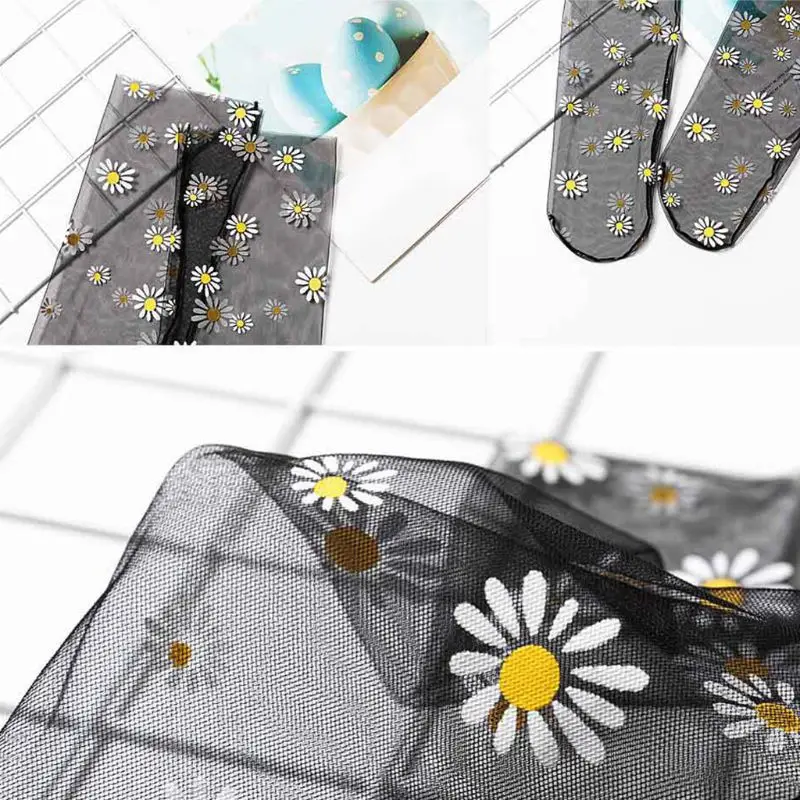 

Women Transparent Mesh Loose Ankle Socks Sweet Daisy Sunflower Print Candy Color See Through Tulle Harajuku Mid Tube Hosiery