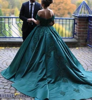 2022 quinceanera dresses emerald green satin sexy off the shoulder lace women formal evening dress for 16 year girl debut gowns