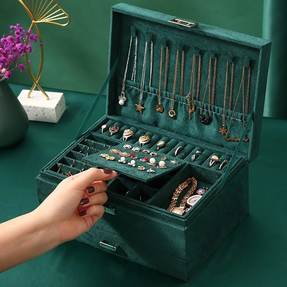 

2021 New 3-layers Green Stud Jewelry Organizer Large Ring Necklace Makeup Holder Cases Velvet Jewelry Box with Lock for Women