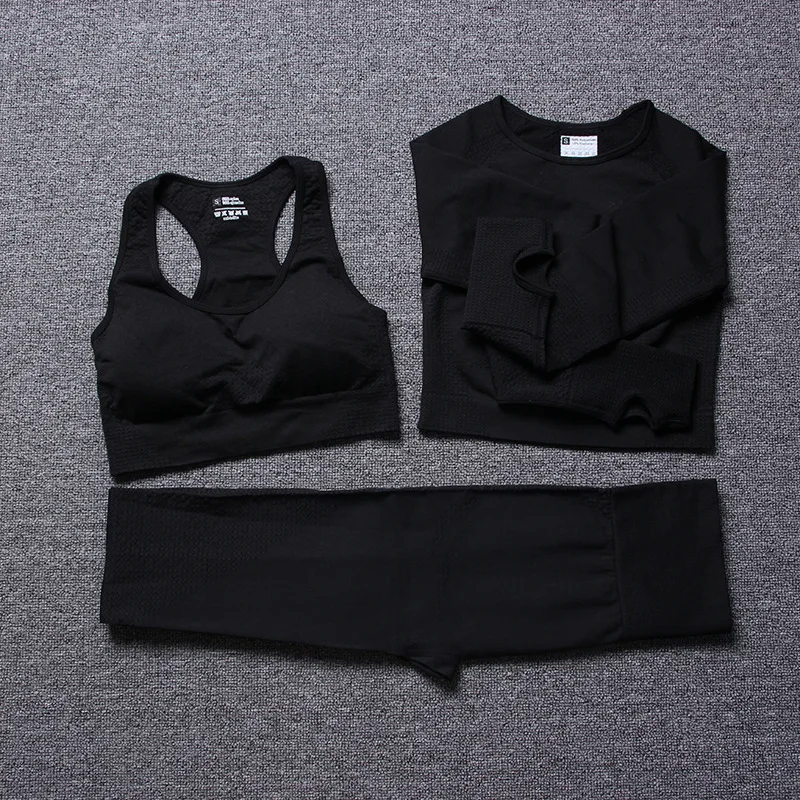 

3 pieces Set Sports Fitness Pretty Crop Top Leggings Sexy Gym Running Bra Seamless Tracksuit for Woman Quality Workout Pants New