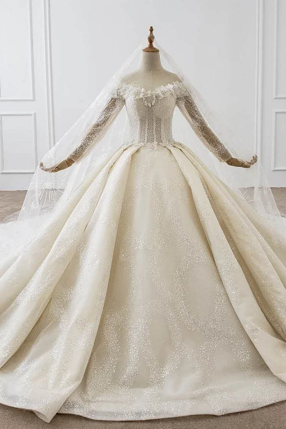 Vestidos De Novia Hot Luxury Ball Gown Wedding Dress Long Sleeve Beaded Applique Sweetheart Button Long Train Wedding Gowns
