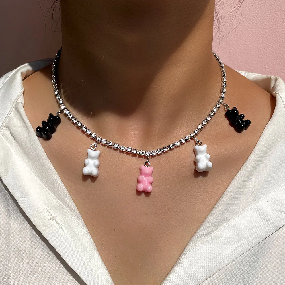 

JUST FEEL Candy Color Resin Bear Gummy Crystal Necklace For Women Bling Rhinestone Tennis Chain Necklace Choker Trendy Jewelry