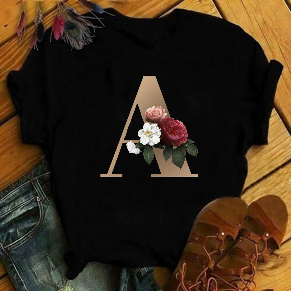 WOMEN T SHIRTS TOPS Custom Name Letter Combination Women's T-shirt Tshirt Flower Letter Font A B C D E F G BLACK TEES T-shirt