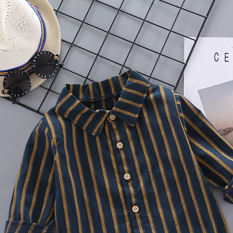 Осенние Рубашки для маленьких мальчиков с длинными рукавами в полоску принтом