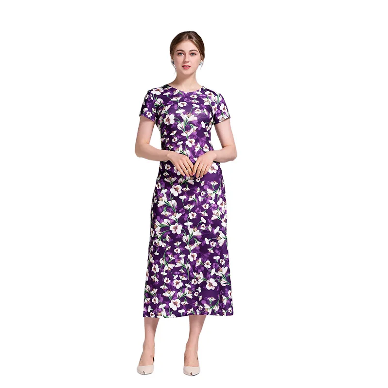 

Fashion Floral Dresses Short Sleeved Round Neck Slit Printed Elegant Slim Purple Dress Women Clothes