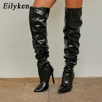 eilyken 2022 new thigh high boots fashion patent leather pointed toe zip female stiletto heels pleated design womens shoes