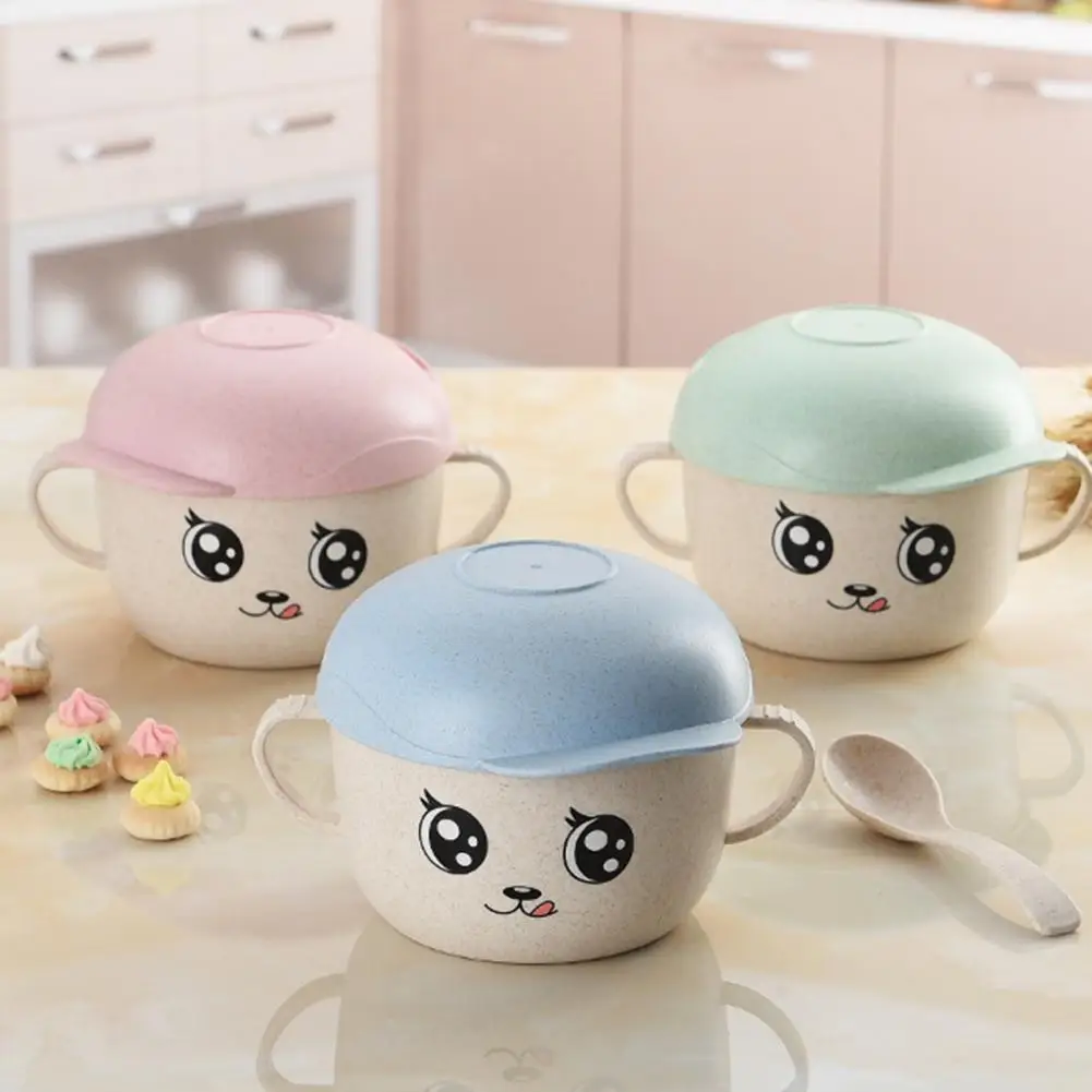 

2Pcs/Set Straw Bowl No Burr Wide Edge Spoon Heat-resistant Kids Dining Cartoon Bowl Feeding Bowl for Picnic