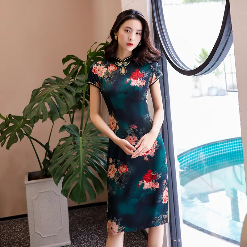 

Female Green Sexy Qipao Print Flower Cheongsam Vintage Button Mandarin Collar Chinese Dress Satin Vestidos Plus Size 3xl 4xl