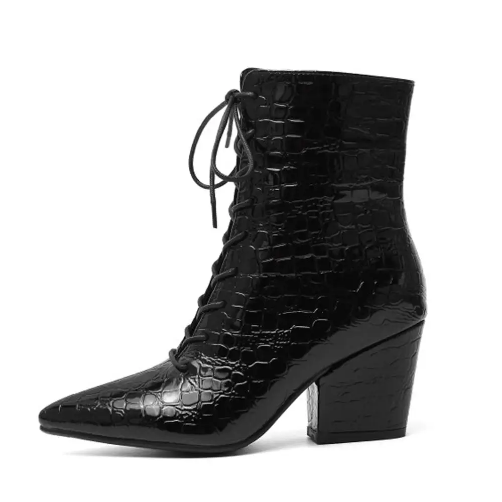 

LOVIRS Women's Winner Warm Short Plush Fur Snake Black Spike Heel Ankle Boots Lace up Boot Shoes