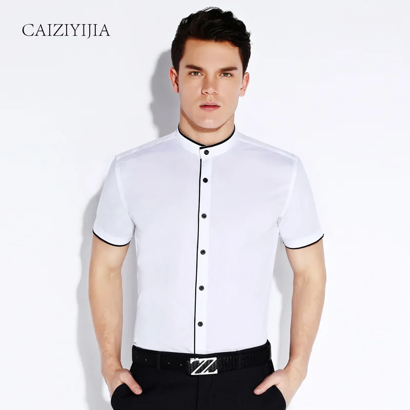 

New Famous Brand Cotton Mandarin Collar Men Shirt Short Sleeve Slim Fit Formal Business Fashion Casual Dress Shirt Plus Size