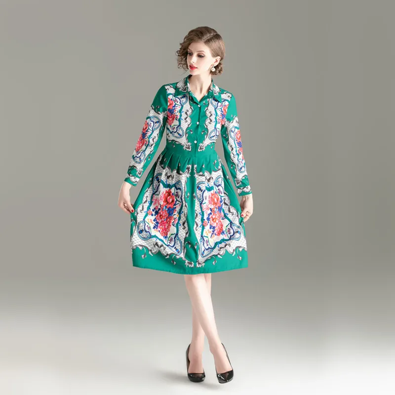 

2020 Spring Autumn Women Cotton Dress Vestidos Lady Vintage Long Sleeve Floral Print Dresses Elegant Shirt Slim Dress Female