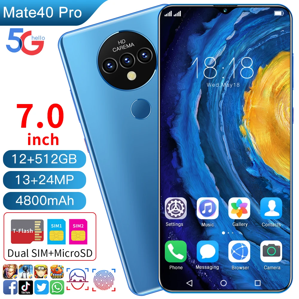 

Mate40 Pro 7.0Inch 12GB 512GB New Smartphones 13MP+24MP Android 10 4800mAh Ten Core Really MTK6889 5G Dual SIM Global Cell Phone