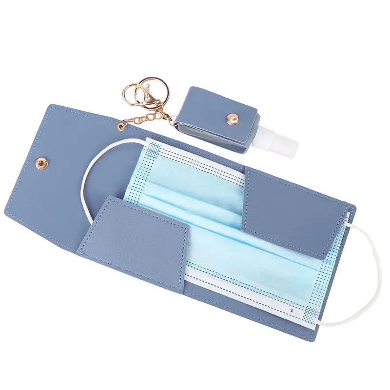 

Foldable Mask Storage Case + 30ML PU Hand Sanitiser Bottle Leather Mask Storage Clip PU Keychain Holder Reusable Organizer U2