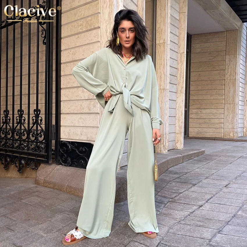 

Clacive Fashion Blouse Two Piece Pants Set Women Casual Pink Office High Waist Wide Trouser Suits Elegant Loose Green Pant Suits